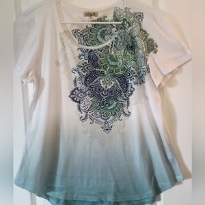 One World Ladies XL Blue/Green Boho Paisley Top